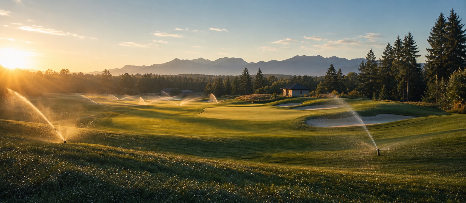 Golf course sprinklers running during an irrigation window