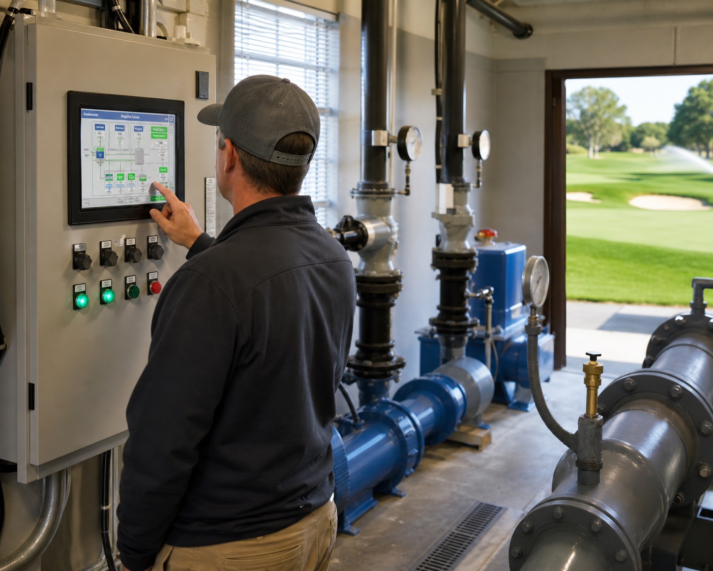 Operator using a pump station control screen in a golf course pump room