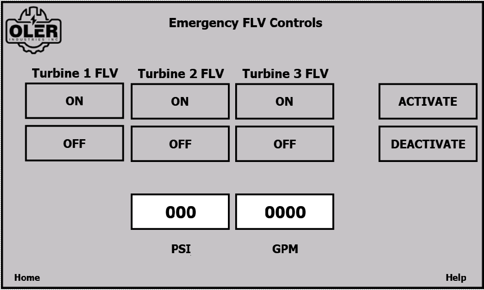 Bootleg Golf Emergency FLV HMI screen with activate and pump ON/OFF controls